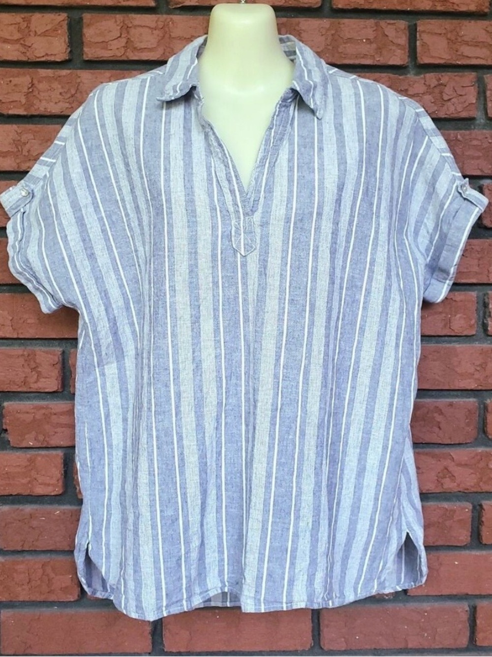 Sigrid Olsen Blue and White Striped Short-Sleeve Button-Down
